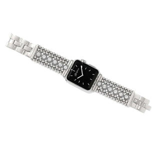 A silver-colored watch band with a twinkle design, featuring a row of clear sparkling crystals in the center, set in bezels of granulated detail. The band is designed to fit an Apple Watch and has a fold-over clasp. Brighton