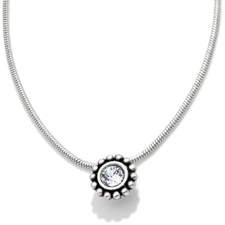 A silver-plated necklace featuring a round crystal pendant in a silver bezel setting, with a chain and a lobster claw clasp. Brighton