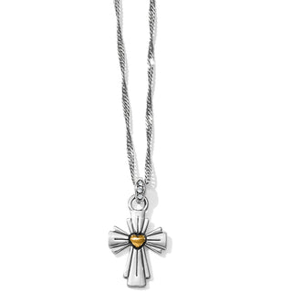 A silver-colored cross necklace with a two-tone finish and a lobster claw closure. Brighton