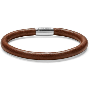A brown leather bracelet with a silver clasp, branded by Brighton, presented on a white background.