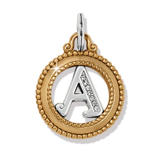 Gold and silver pendant with letter 'A' on a white background. Brighton ABC Monogram Charm A