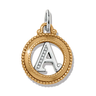 Gold and silver pendant with letter 'A' on a white background. Brighton ABC Monogram Charm A