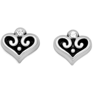 A pair of silver-plated post earrings featuring a heart shape with a small crystal at the top. Brighton Alcazar Heart Mini Post Earrings