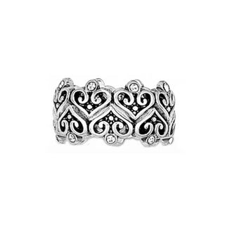 Silver ring with heart and swirl designs on a white background. Brighton Alcazar Heart Ring