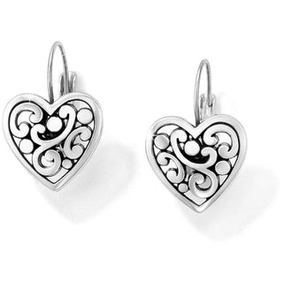 Heart-shaped silver earrings with intricate designs on a white background. Brighton Contempo Heart Leverback Earrings