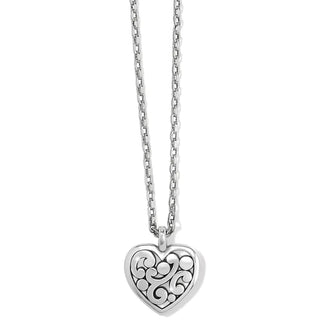 Silver heart-shaped pendant necklace on a white background. Brighton Contempo Heart Petite Necklace in Silver