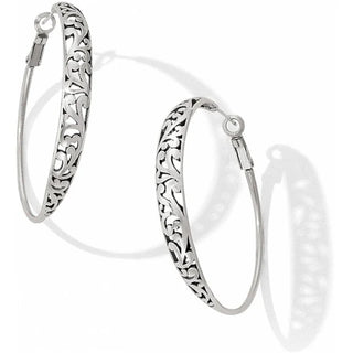 Silver hoop earrings with intricate designs on a white background. Brighton Elora Hoop Leverback Earrings