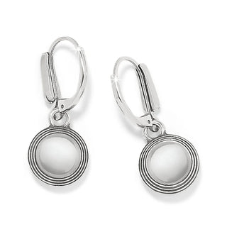Silver earrings with circular designs on a white background. Meridian Aurora Leverback Earrings