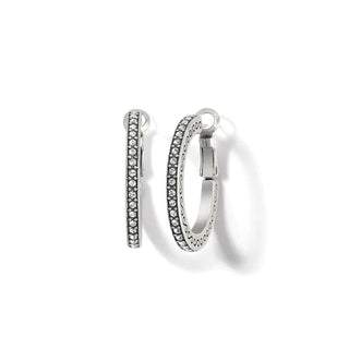 A pair of silver hoop earrings with crystal pave details, displayed against a white background. Brighton Silver Meridian Thin Small Hoop Earrings