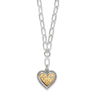 Heart-shaped pendant with gold interior and silver chain on a white background. Brighton Mosaic Heart Two Tone Necklace