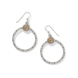 Pair of silver hoop earrings with gold centers on a white background. Brighton Mosaic Two Tone French Wire Hoop Earrings