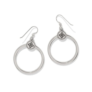 Silver hoop earrings with circular designs on a white background. Brighton Mosaic Two Tone French Wire Hoop Earrings