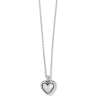 Heart-shaped silver pendant on a chain against a white background. Brighton Pretty Tough Bold Heart Petite Necklace in Silver