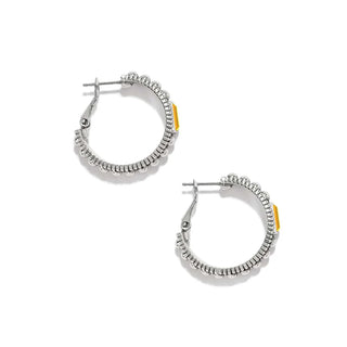 Silver hoop earrings with yellow accents on a white background. Brighton Pretty Tough Gem Hoop Earrings in Light Topaz
