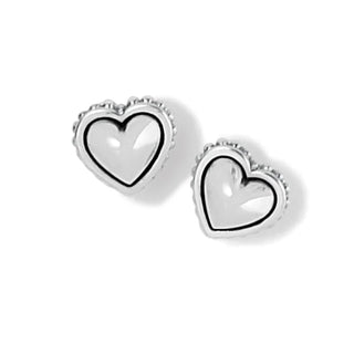 Pair of silver heart-shaped earrings on a white background. Brighton Pretty Tough Petite Heart Post