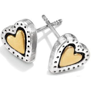 Heart-shaped earrings with gold and silver design on a white background. Brighton Rendezvous Mini Post Earrings