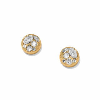 Gold earrings with clear gemstones on a white background. Brighton Trust Your Journey Golden Post Earrings