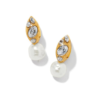 Gold and pearl earrings on a white background. Brighton Trust Your Journey Pearl Drop Earrings