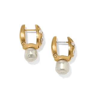 Gold and pearl earrings on a white background. Brighton Trust Your Journey Pearl Drop Earrings