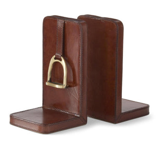 Brown Leather Stirrup Detail Bookend Set gold metal horse equestrian