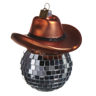 Decorative ornament with a cowboy hat on top of a disco ball