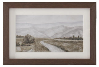 Brown Wood Framed Watercolor Landscape Print 12" path mountain tree