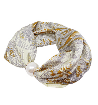 Brown and Gray Floral Print Scarf Necklace with Pearl Magnet