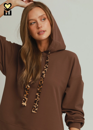 Brushed Waffle Knit Animal Print Hoodie in Cocoa Powder brown leopard long sleeve hood