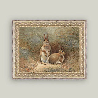 Bunnies Framed Antique Art 10"x8"