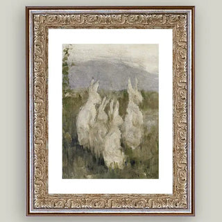 Bunnies in a Field Framed Antique Art 8"x10"