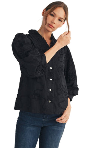 Button Down 3d Floral Top in Black