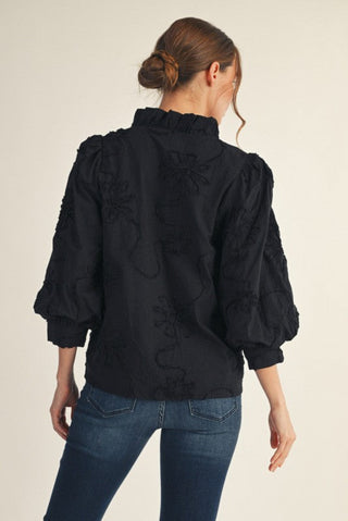 Button Down 3d Floral Top in Black