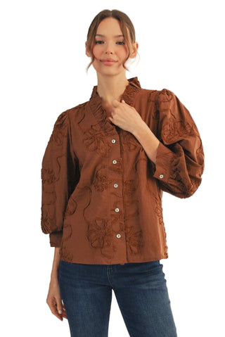 Button Down 3d Floral Top in Brown