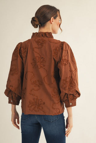 Button Down 3d Floral Top in Brown