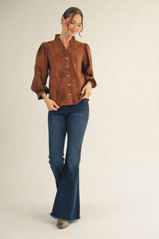 Button Down 3d Floral Top in Brown