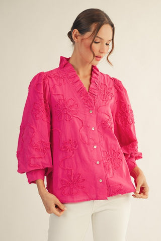 Button Down 3d Floral Top in Bubble Gum hot pink embroidery floral flower