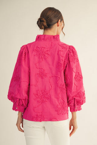 Button Down 3d Floral Top in Bubble Gum hot pink flower floral embroidery
