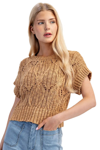 Cable Knit Short Sleeve Sweater in Camel