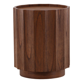 Cadwell Side Table in Brown hinged door scallop sides mindi wood