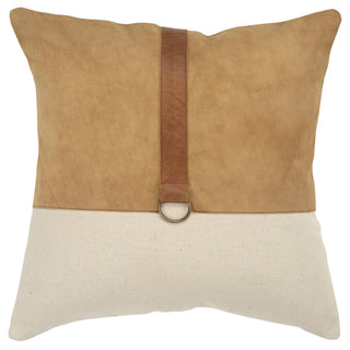Camel Suede & Leather Down Alternative Decorative Pillow with Metallic Hardware ivory brown