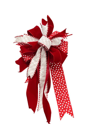 Candy Cane Striped and Red Dots Bow with white ribbon