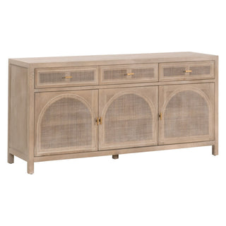 Cane Media Sideboard in Smoke Gray Oak rattan gold cord management holes arch brushed gold adjustable shelf shelves