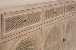 Cane Media Sideboard in Smoke Gray Oak rattan gold cord management holes arch brushed gold adjustable shelf shelves