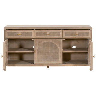 Cane Media Sideboard in Smoke Gray Oak rattan gold cord management holes arch brushed gold adjustable shelf shelves