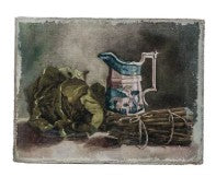 Canvas Wall Decor with Fruit and Vegetable Still Life cabbage asparagus blue and white pitcher twine