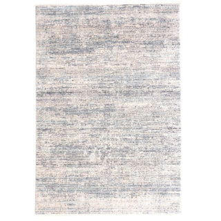 A rectangular area rug with a textured design featuring shades of grey and blue.