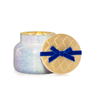 Capri Blue Volcano Artisan Winter Bazaar Signature Candle blue glass jar velvet bow gold 