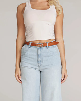 Carel Horse Bit Leather Belt in Camel brown gold buckle