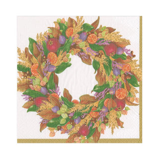 A triple-ply paper lunch napkin with an autumn wreath design featuring various fruits and leaves in colorful artwork.