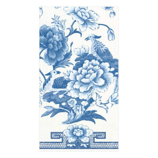 A blue and white floral patterned paper guest towel napkin.